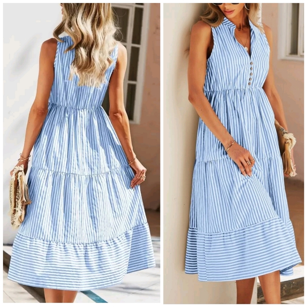 New Chic Striped Tiered Ruffle Midi Dress Blue White